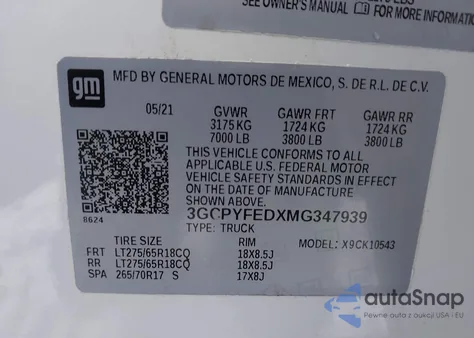 2021 Chevrolet Silverado 1500 4Wd Short Bed Lt Trail Boss from USA, damaged, VIN 3GCPYFEDXMG347939